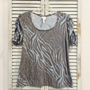 NEW RECRUIT Women XL Grey/Blue Animal Print Ruched Sleeve Maternity Blouse Top